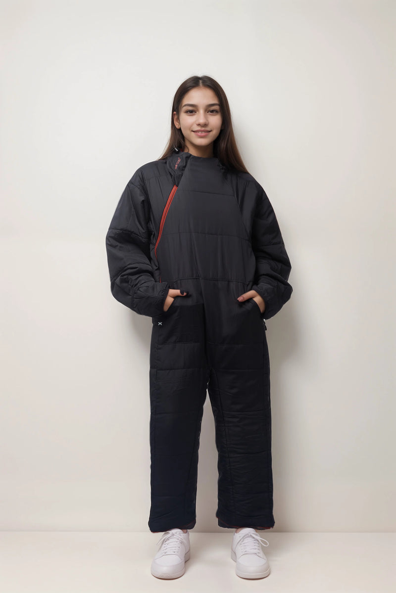 Girl in terracotta sleeping bag onesie