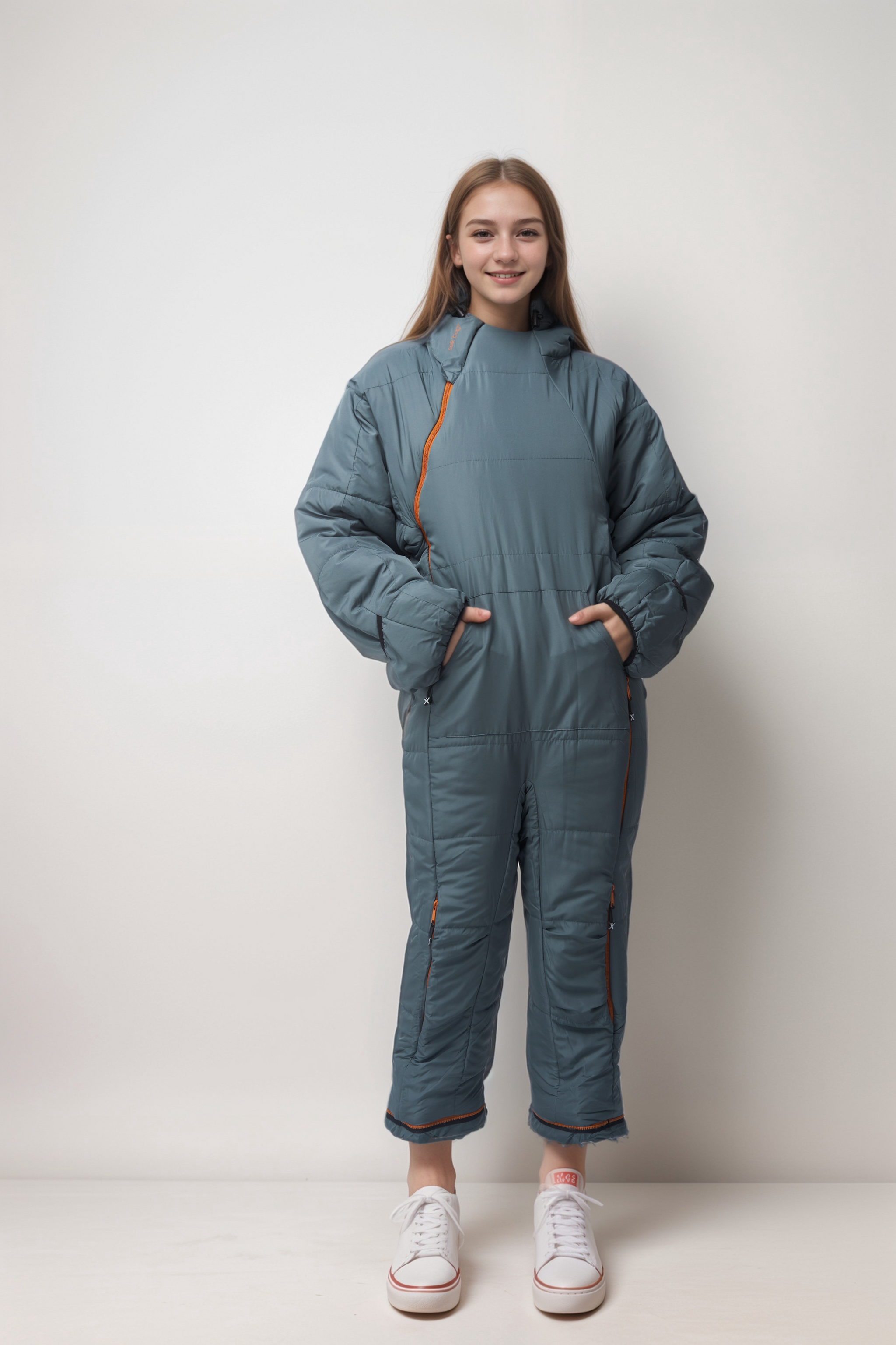 teenager wearing sleeping bag onesie with legs