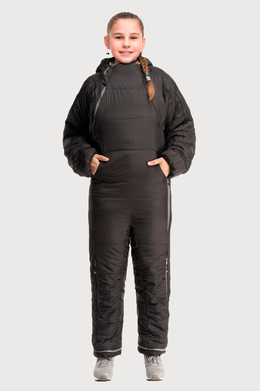 Girl in original black Selk' bag sleeping bag onesie