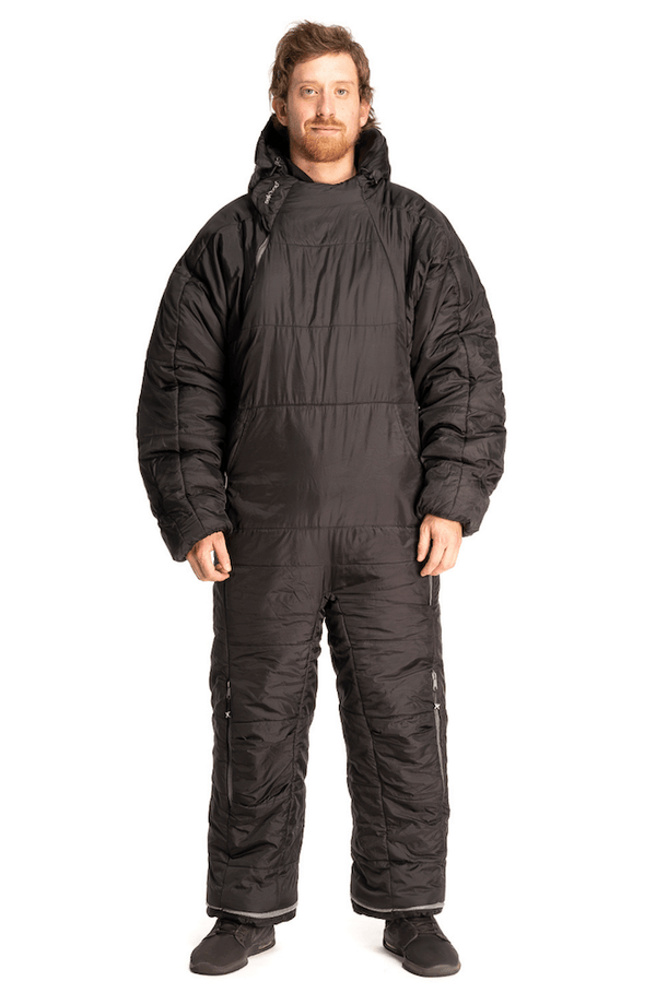 Adult man wearing the 6G black shark Selk'bag sleeping bag onesie