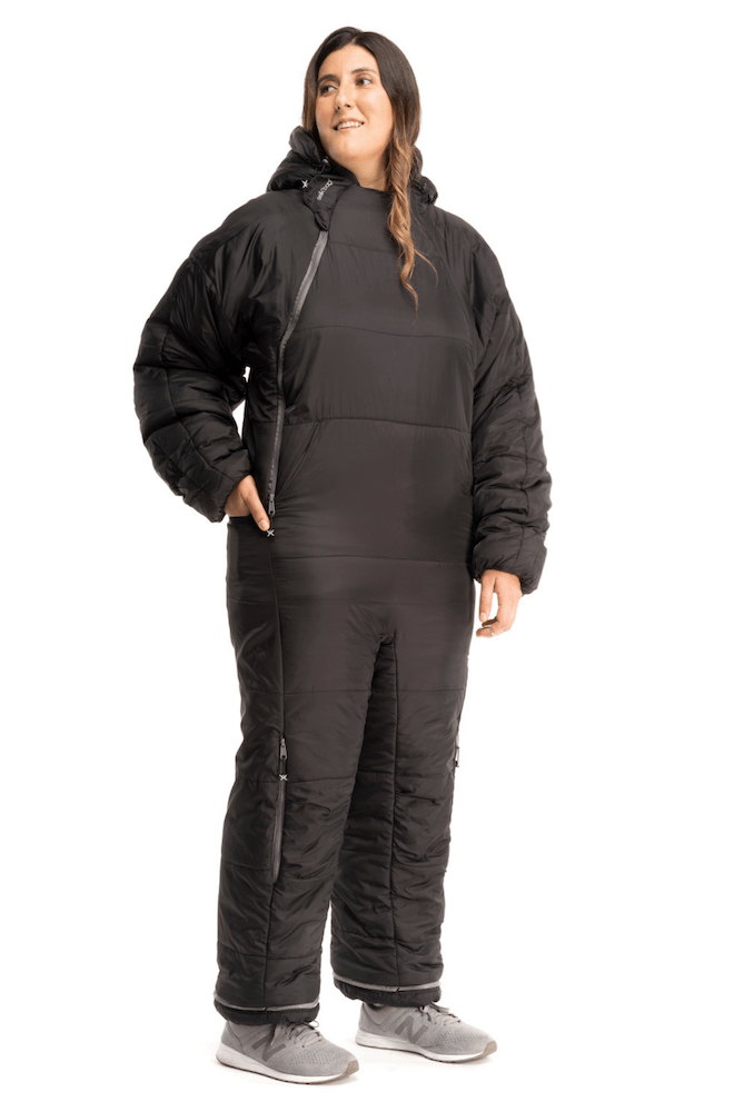 Adult woman wearing the 6G Black Shark Selk'bag sleeping bag onesie