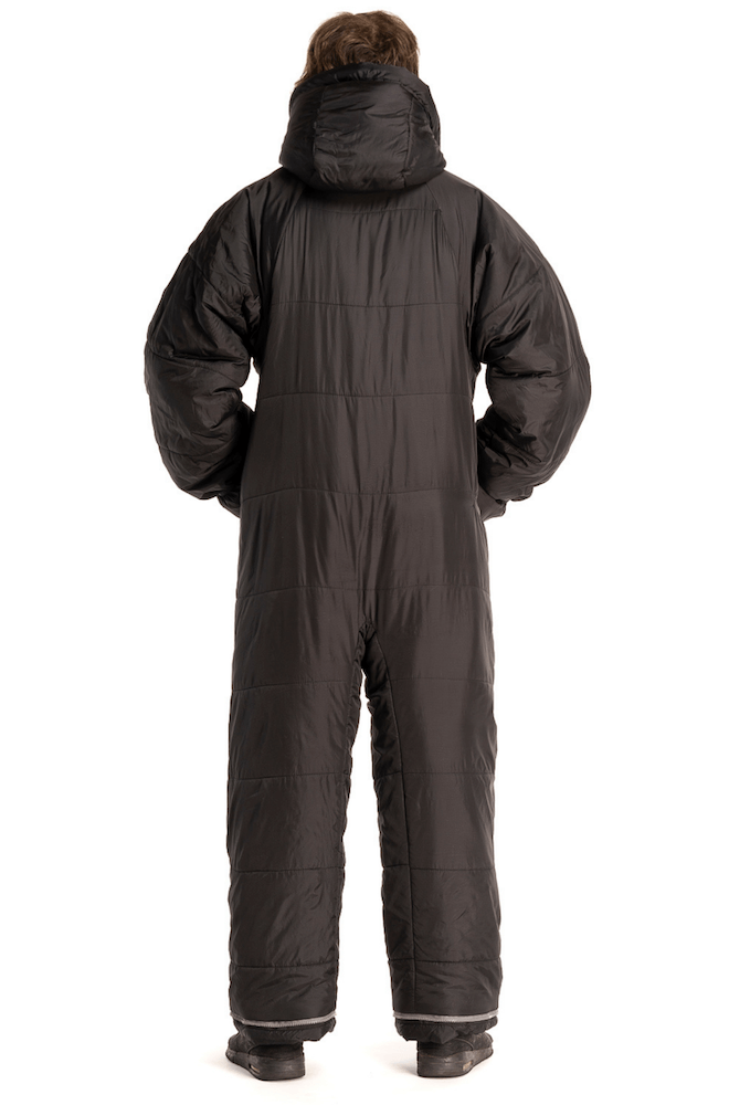 Adult man wearing the 6G Black Shark Selk'bag full body sleeping bag onesie from the back