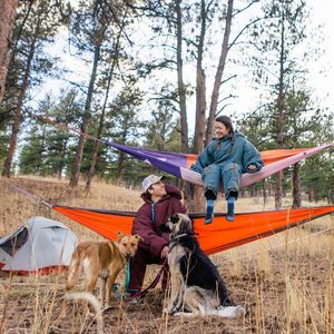 A couple of campers with dogs sitting in hammocks in their Selk'bags