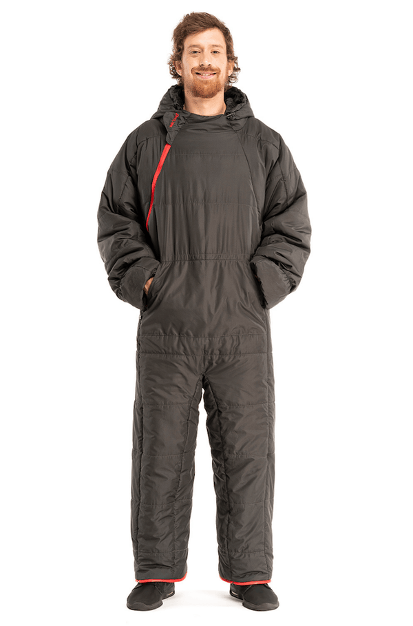 Adult man wearing a Grey Selk'bag Lite 6G sleeping bag suit