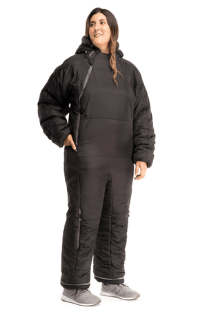 Adult woman wearing the 6G Black Shark Selk'bag sleeping bag onesie