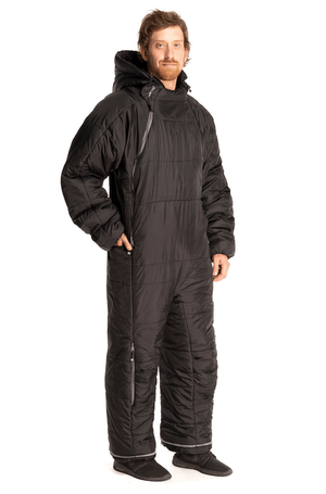 Adult man in the 6G Black Shark Selk'bag wearable sleeping bag onesie 