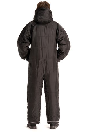 Adult man wearing the 6G Black Shark Selk'bag full body sleeping bag onesie from the back