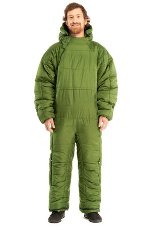 Adult man wearing a green Selk'bag sleeping bag suit