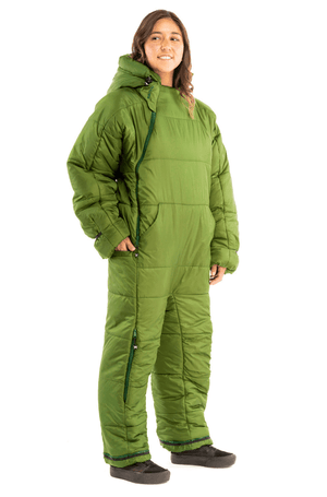Adult woman wearing a green Selk'bag sleeping bag onesie