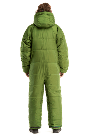 Adult man wearing a green Selk'bag full body sleeping bag